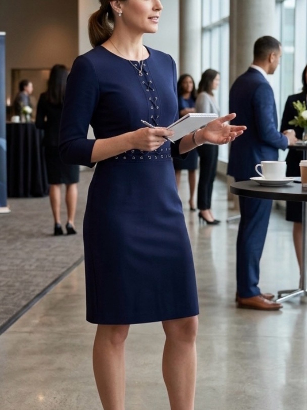 Neiman Marcus Navy Lace-Up Sheath Midi Dress